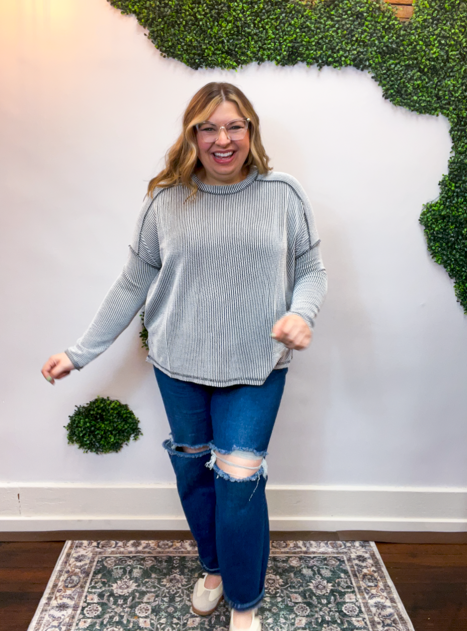 Second Take Raised Rib Long Sleeve Top in Black & White