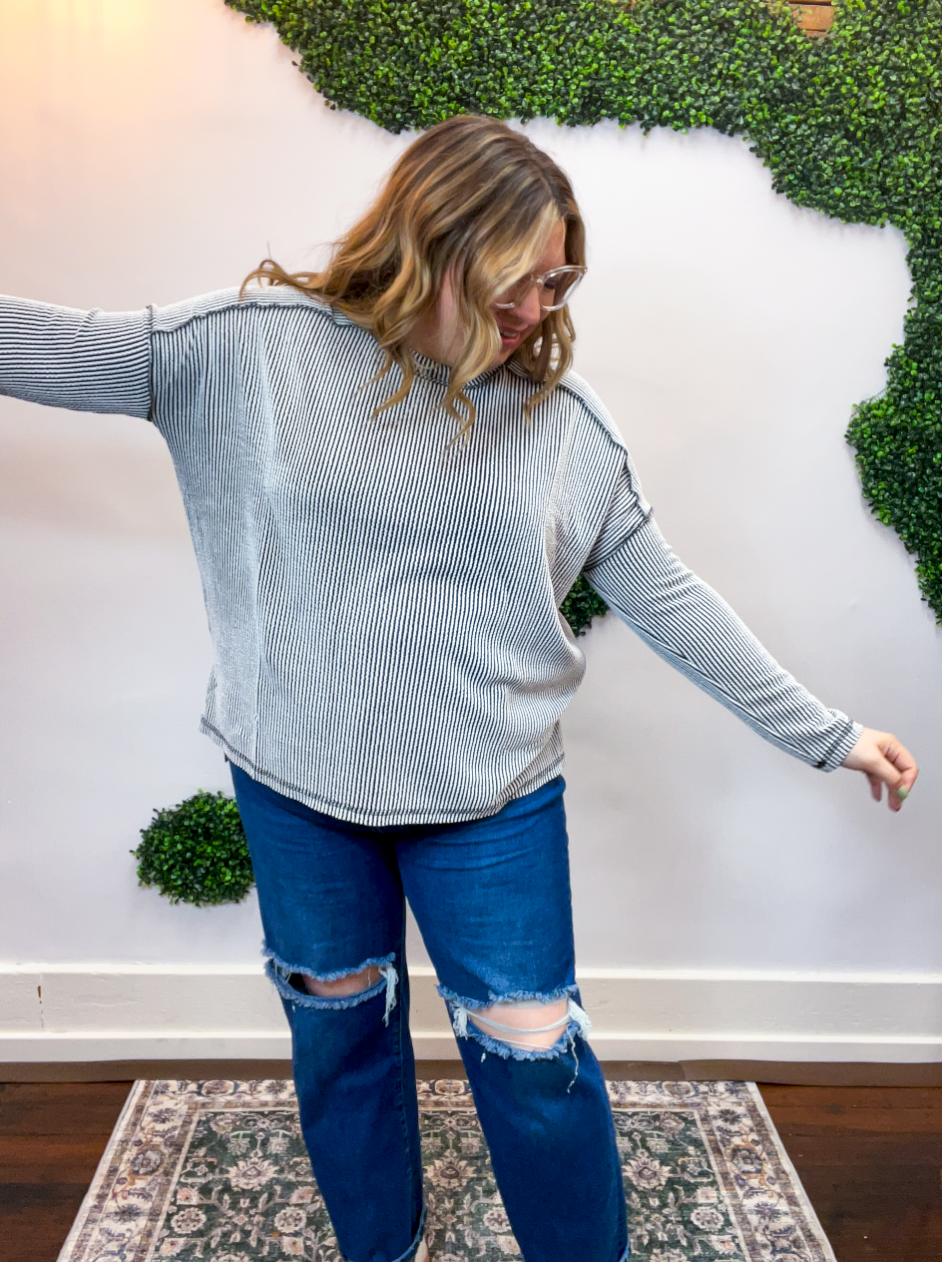 Second Take Raised Rib Long Sleeve Top in Black & White