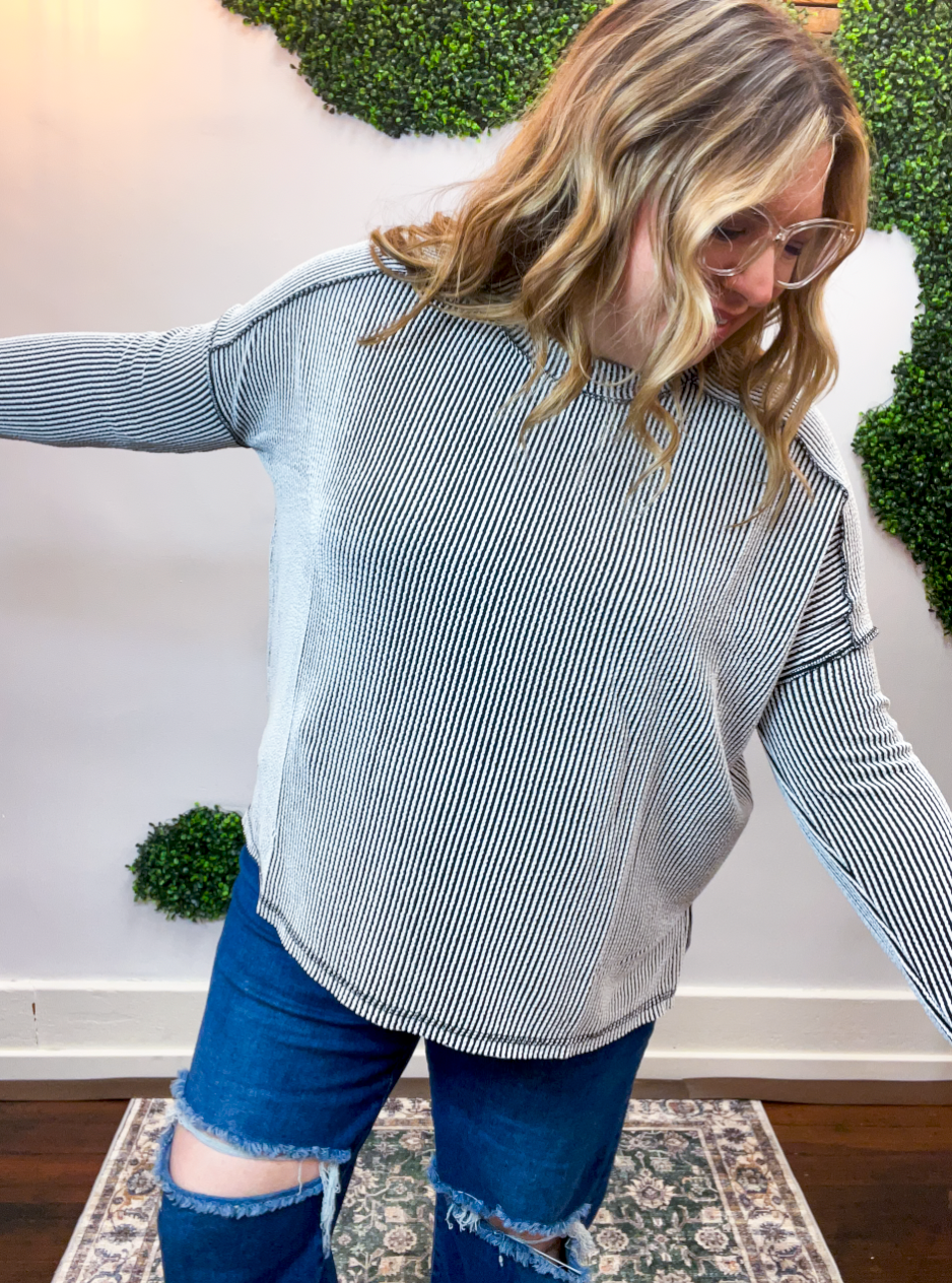 Second Take Raised Rib Long Sleeve Top in Black & White