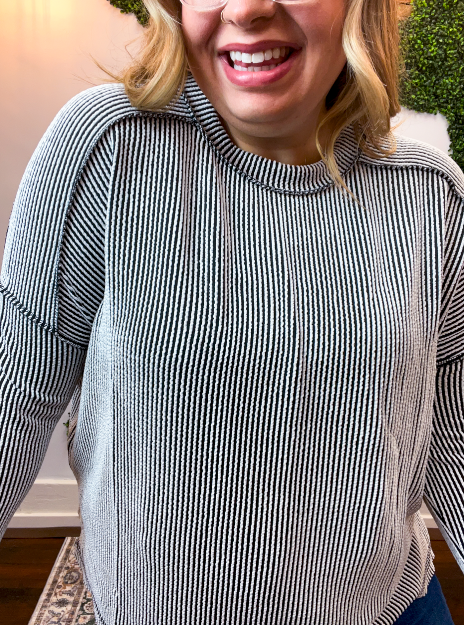 Second Take Raised Rib Long Sleeve Top in Black & White