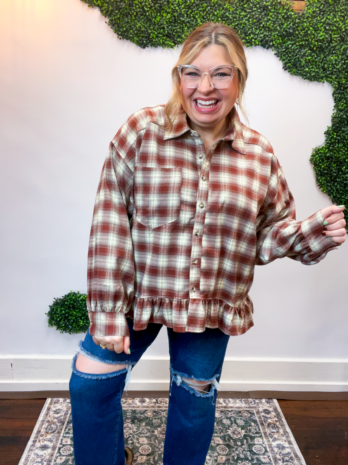 Mahogany Plaid Peplum Top