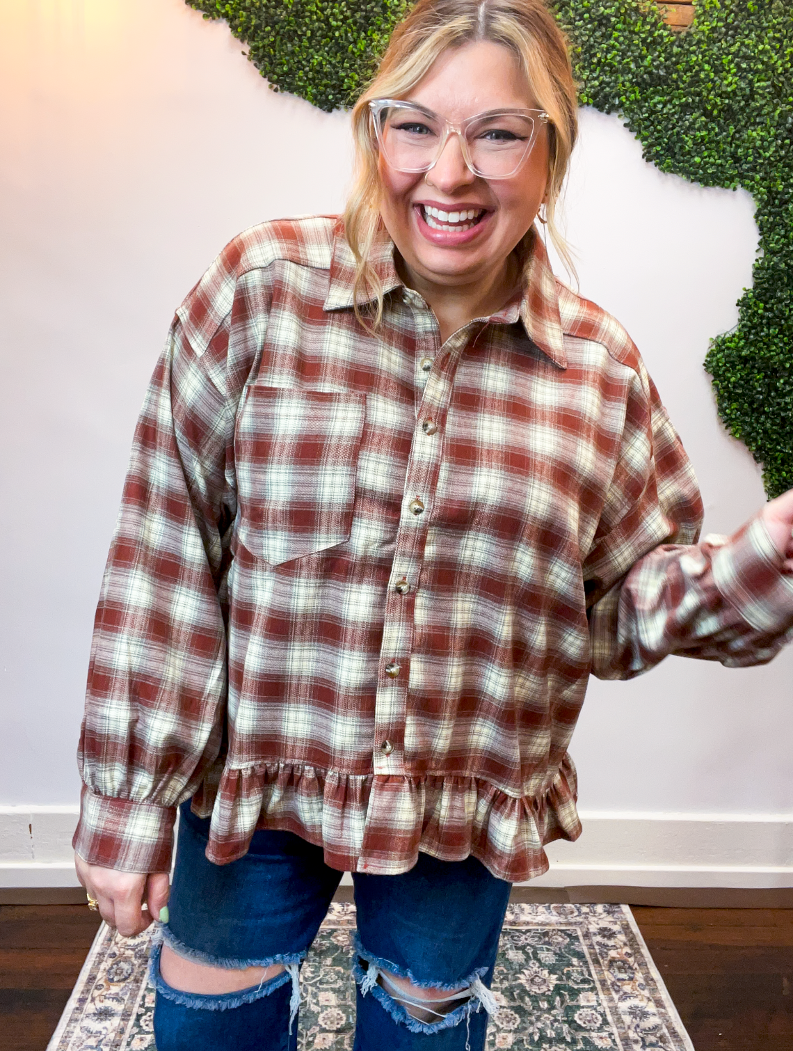 Mahogany Plaid Peplum Top