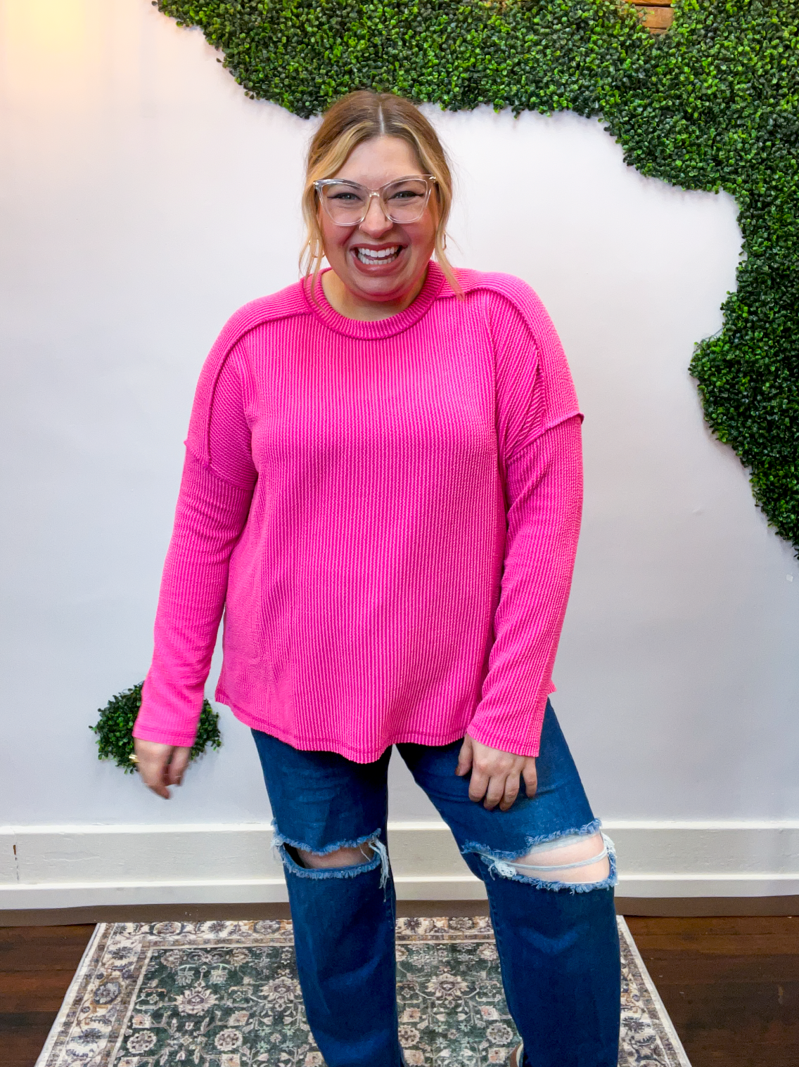 Second Take Raised Rib Long Sleeve Top in Hot Pink