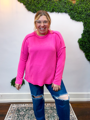 Second Take Raised Rib Long Sleeve Top in Hot Pink