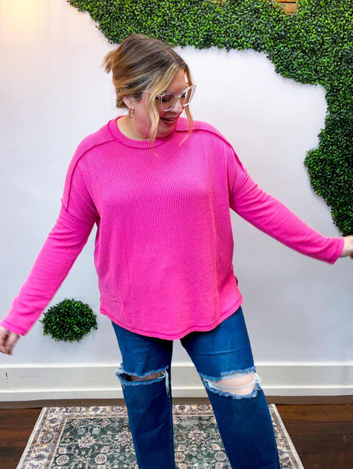 Second Take Raised Rib Long Sleeve Top in Hot Pink