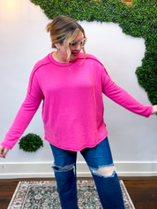 Second Take Raised Rib Long Sleeve Top in Hot Pink