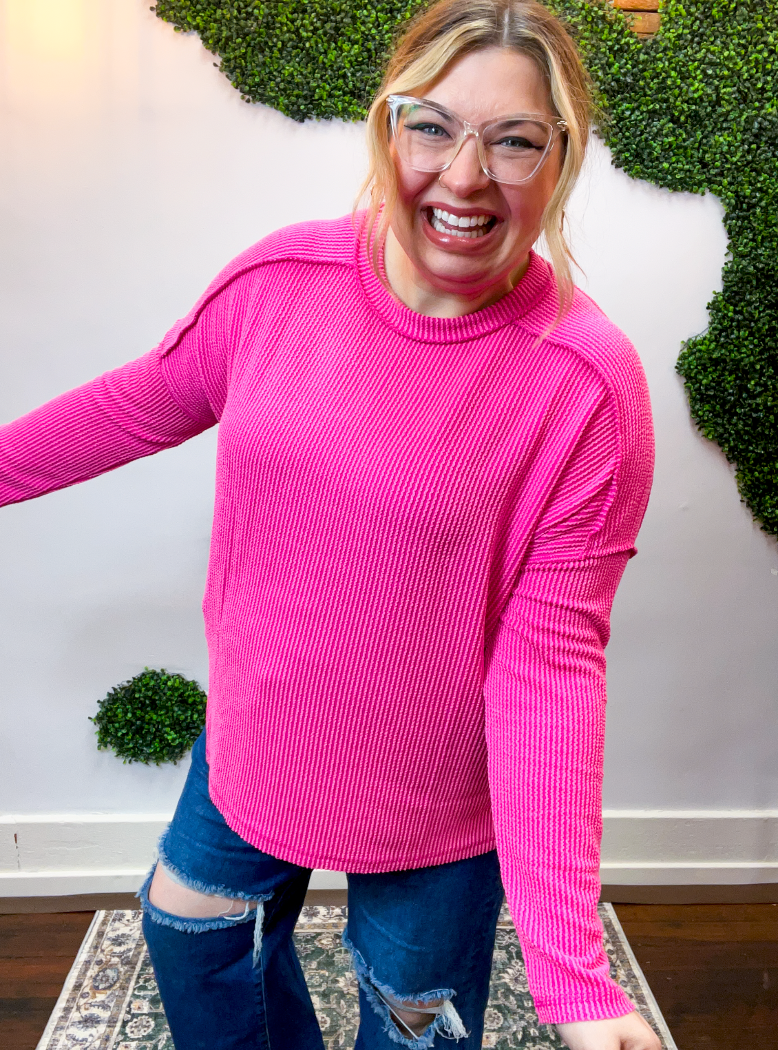 Second Take Raised Rib Long Sleeve Top in Hot Pink