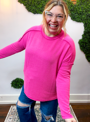 Second Take Raised Rib Long Sleeve Top in Hot Pink