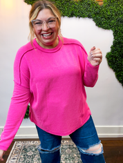 Second Take Raised Rib Long Sleeve Top in Hot Pink