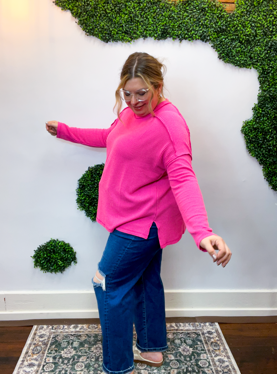 Second Take Raised Rib Long Sleeve Top in Hot Pink