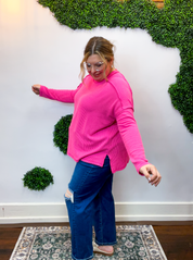 Second Take Raised Rib Long Sleeve Top in Hot Pink