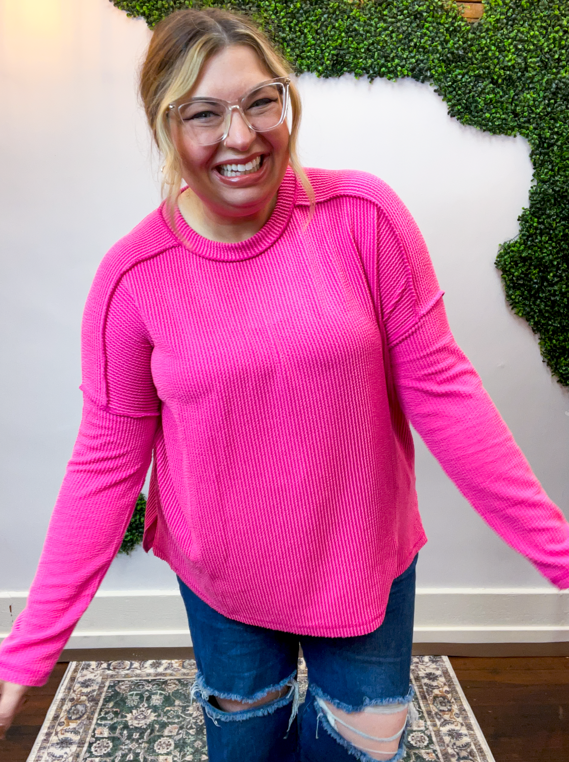 Second Take Raised Rib Long Sleeve Top in Hot Pink