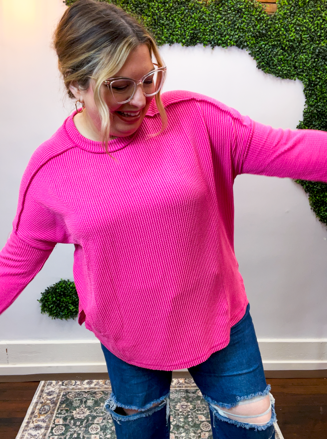 Second Take Raised Rib Long Sleeve Top in Hot Pink