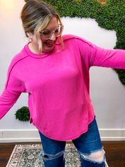 Second Take Raised Rib Long Sleeve Top in Hot Pink