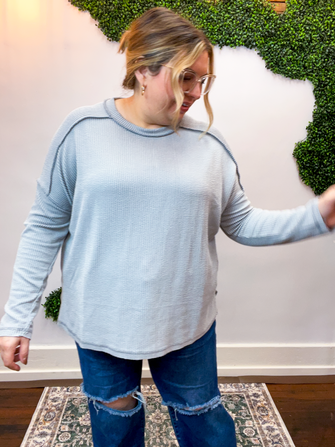 Second Take Raised Rib Long Sleeve Top in Sleet