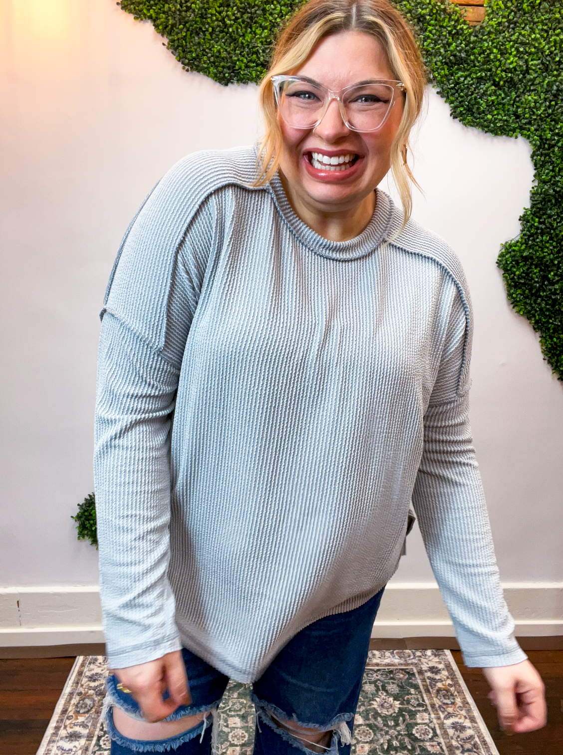 Second Take Raised Rib Long Sleeve Top in Sleet
