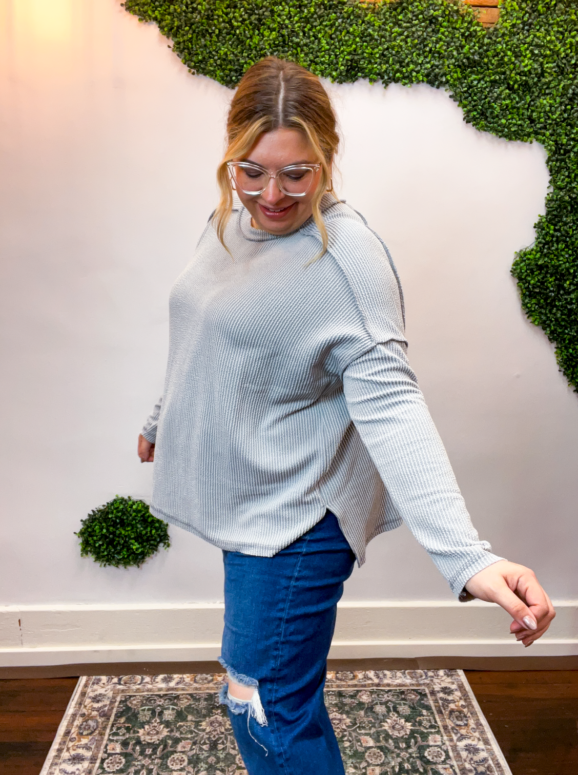 Second Take Raised Rib Long Sleeve Top in Sleet