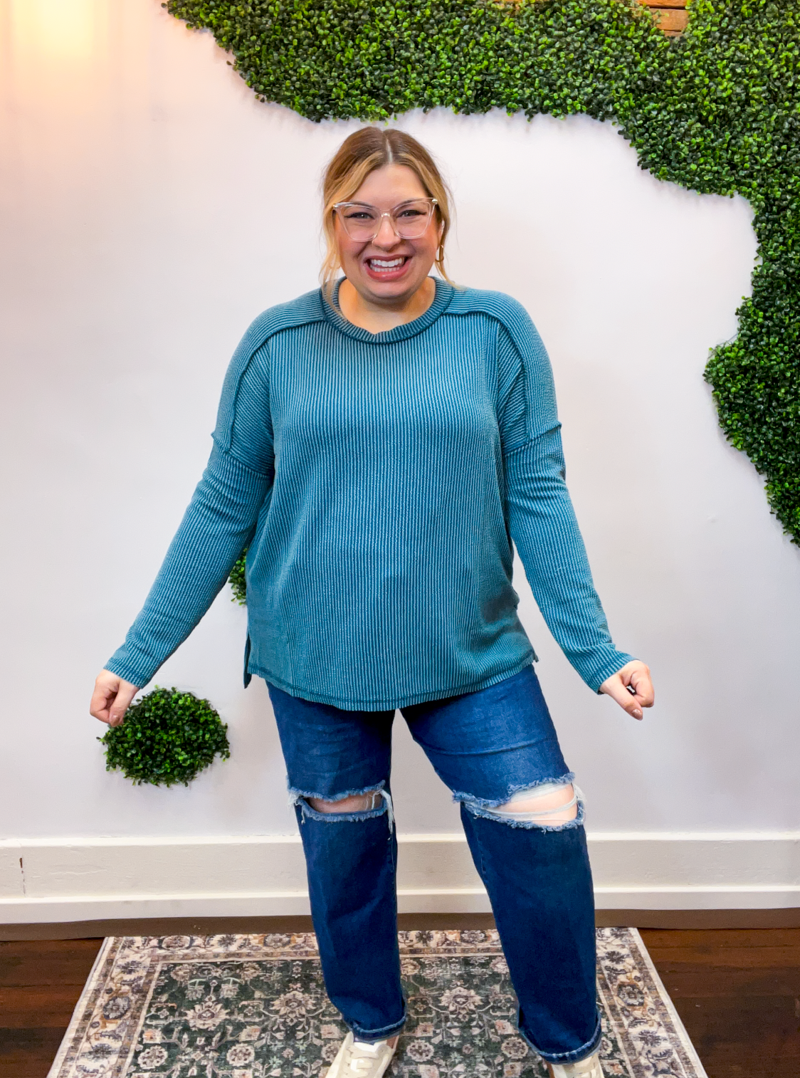 Second Take Raised Rib Long Sleeve Top in Teal