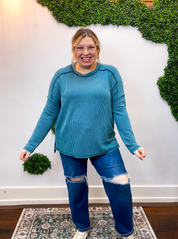 Second Take Raised Rib Long Sleeve Top in Teal