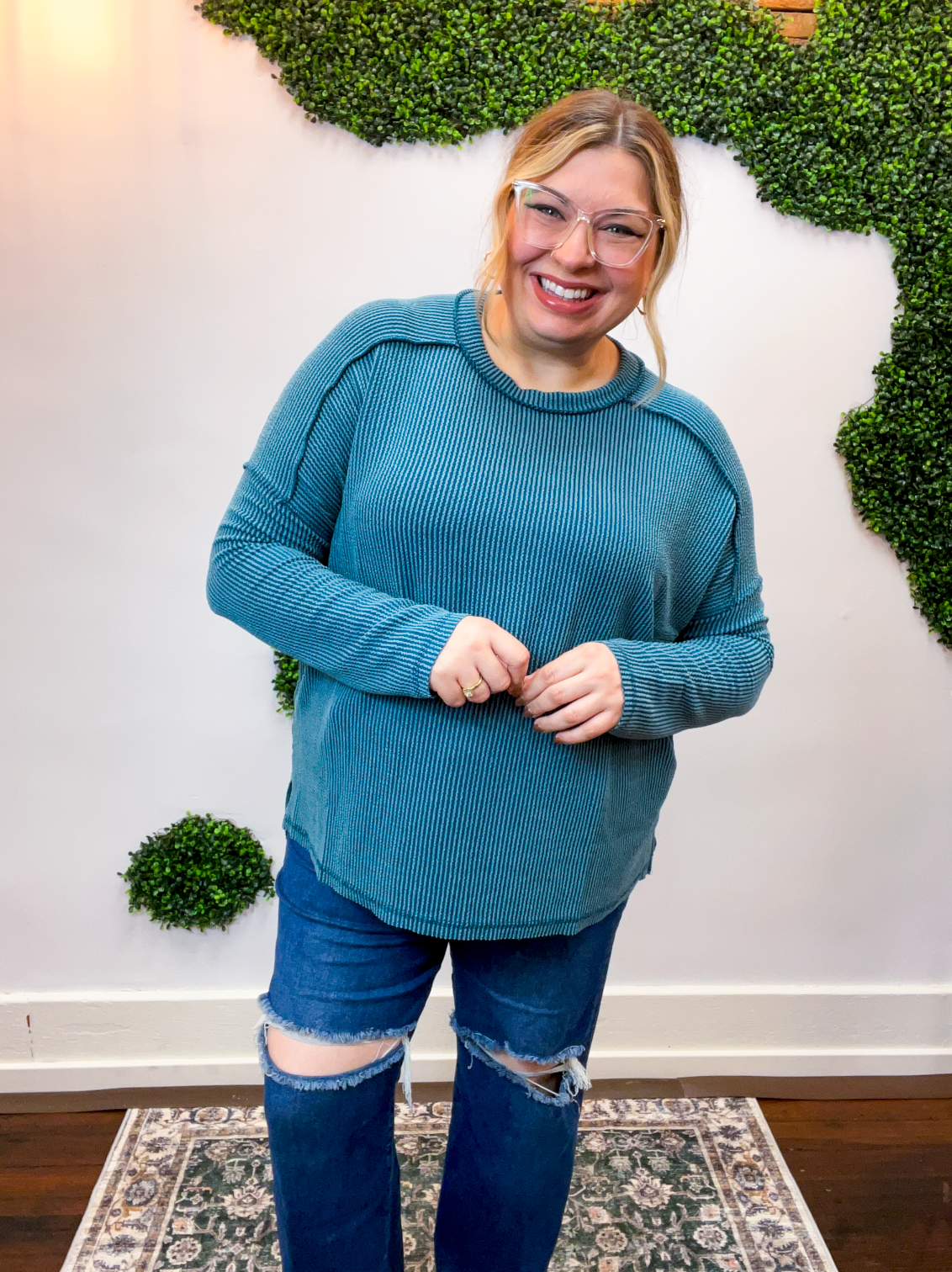 Second Take Raised Rib Long Sleeve Top in Teal