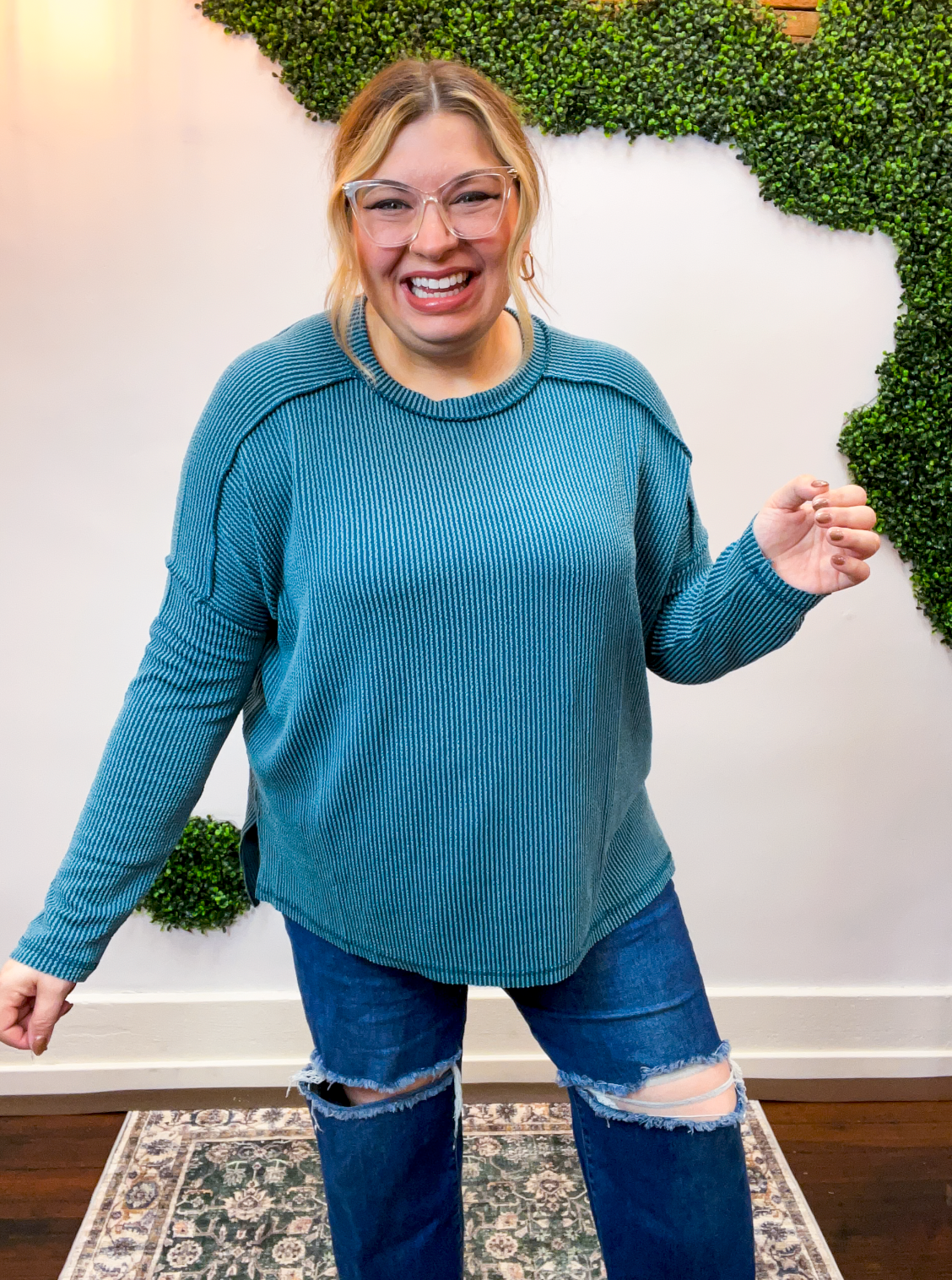 Second Take Raised Rib Long Sleeve Top in Teal