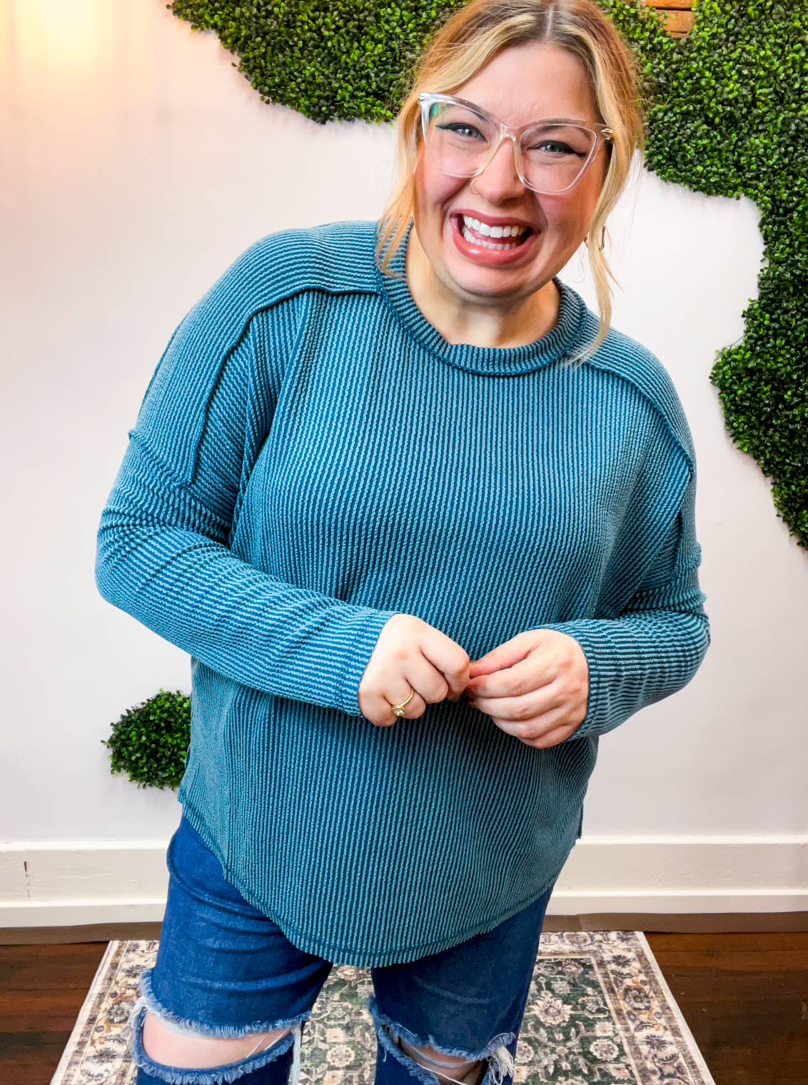 Second Take Raised Rib Long Sleeve Top in Teal