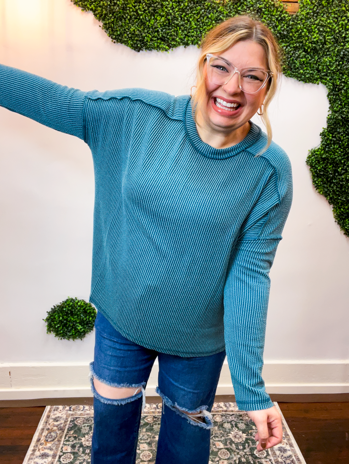 Second Take Raised Rib Long Sleeve Top in Teal