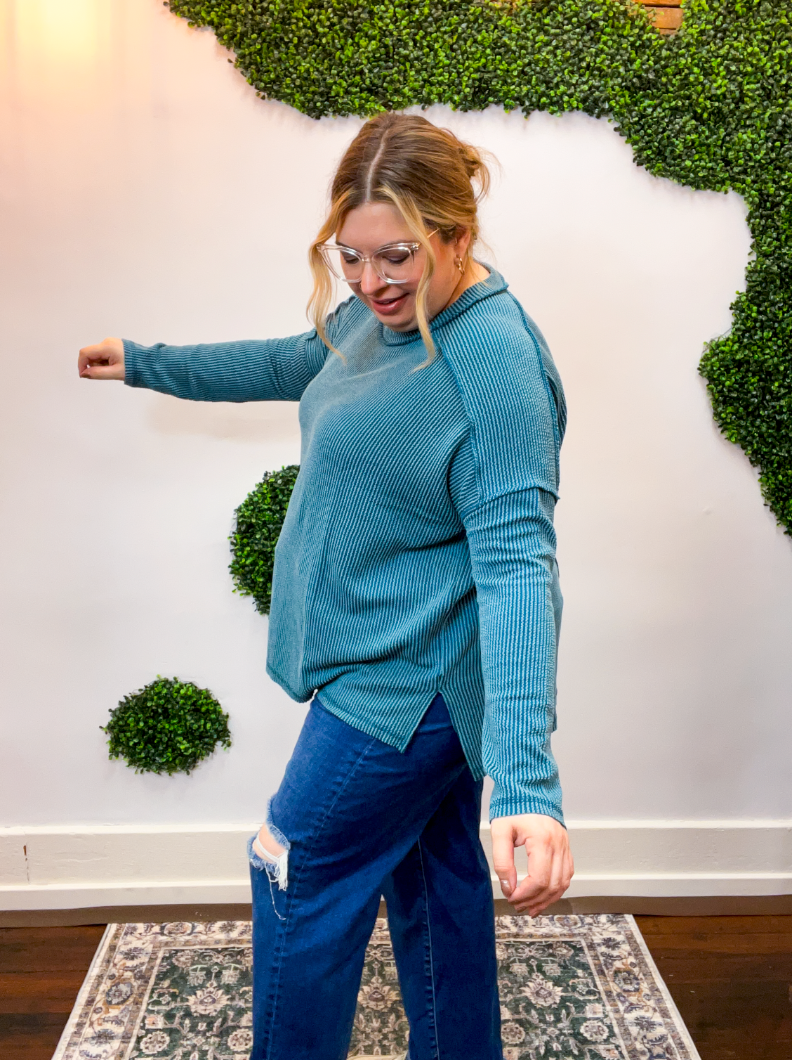 Second Take Raised Rib Long Sleeve Top in Teal