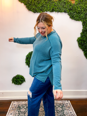 Second Take Raised Rib Long Sleeve Top in Teal