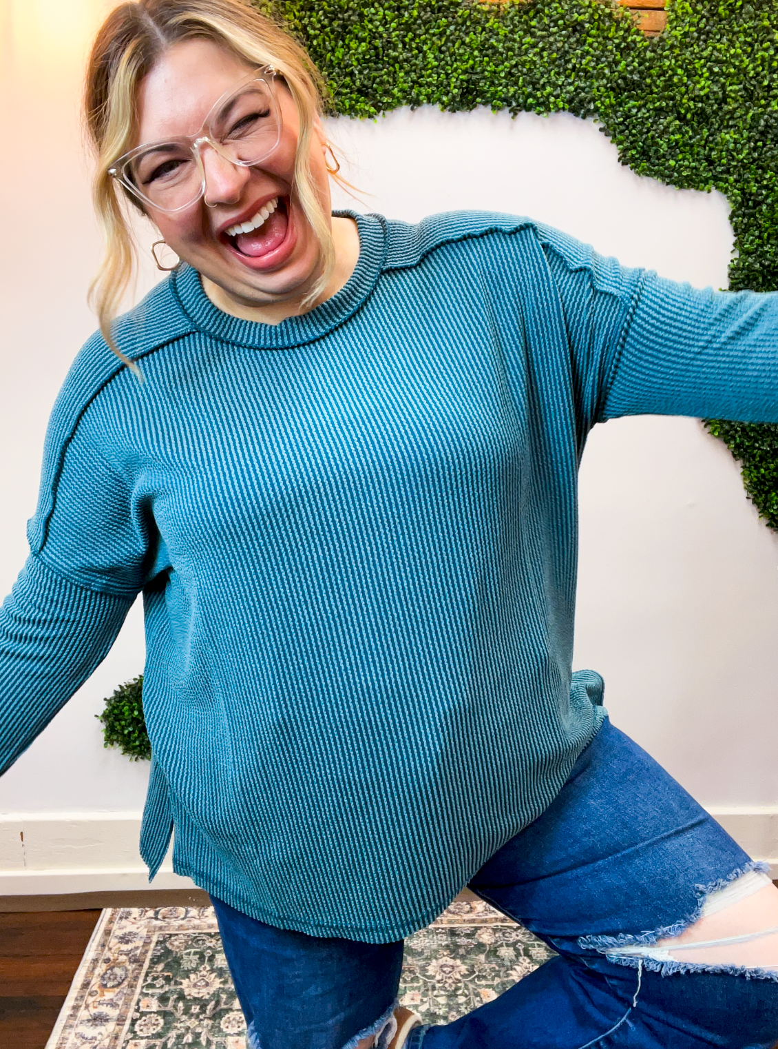 Second Take Raised Rib Long Sleeve Top in Teal
