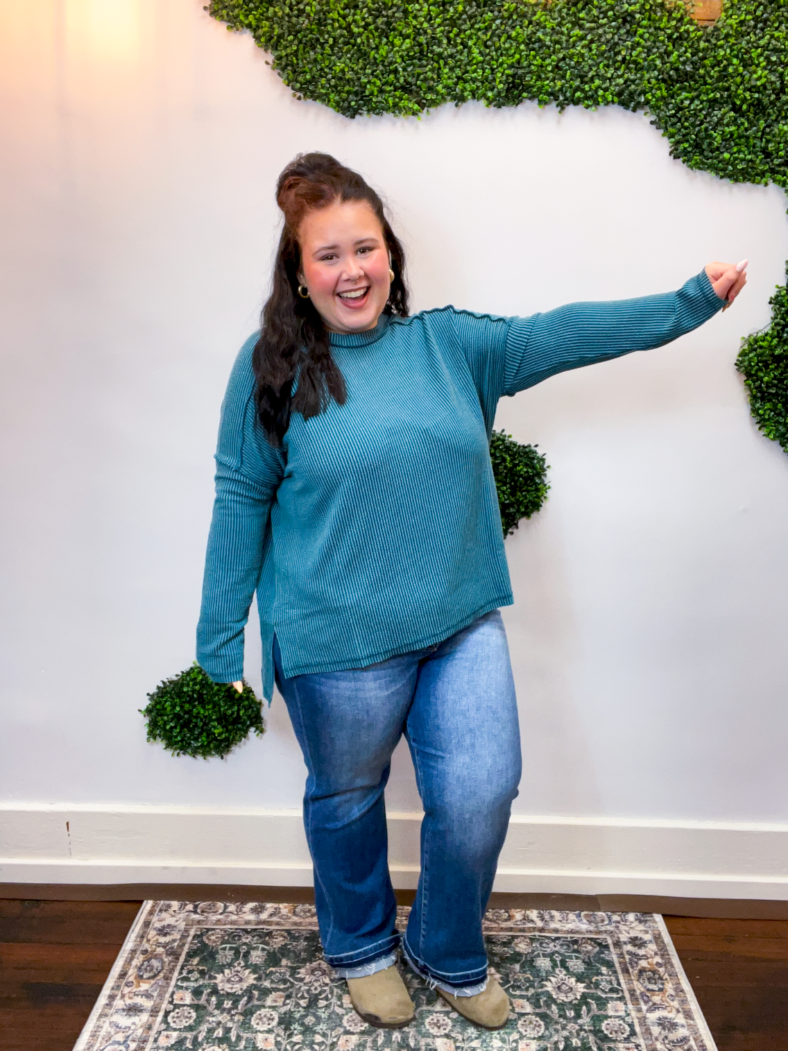 Second Take Raised Rib Long Sleeve Top in Teal