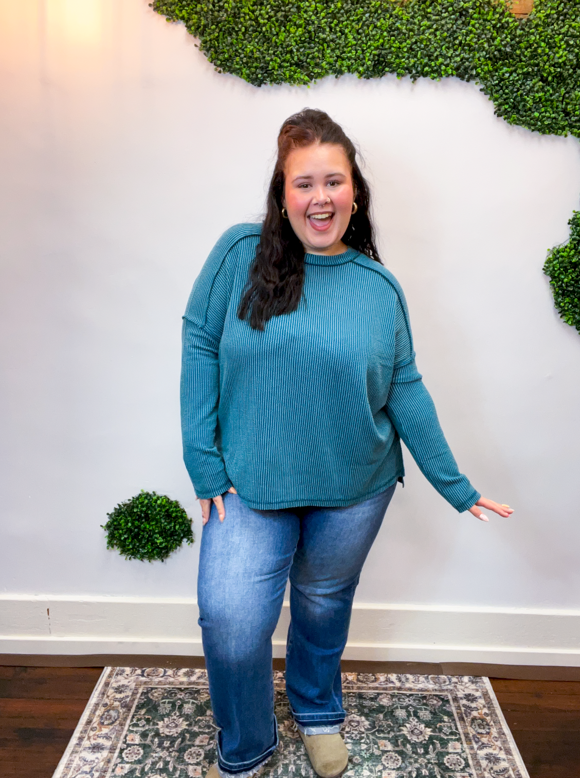 Second Take Raised Rib Long Sleeve Top in Teal