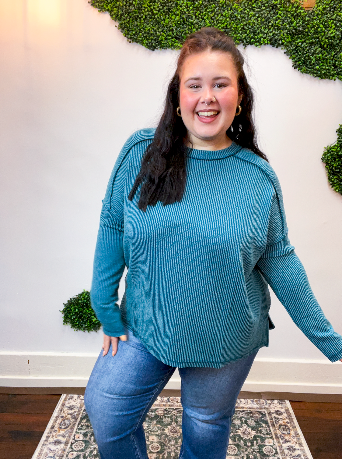 Second Take Raised Rib Long Sleeve Top in Teal