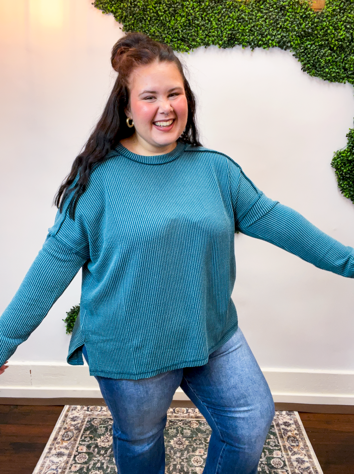 Second Take Raised Rib Long Sleeve Top in Teal