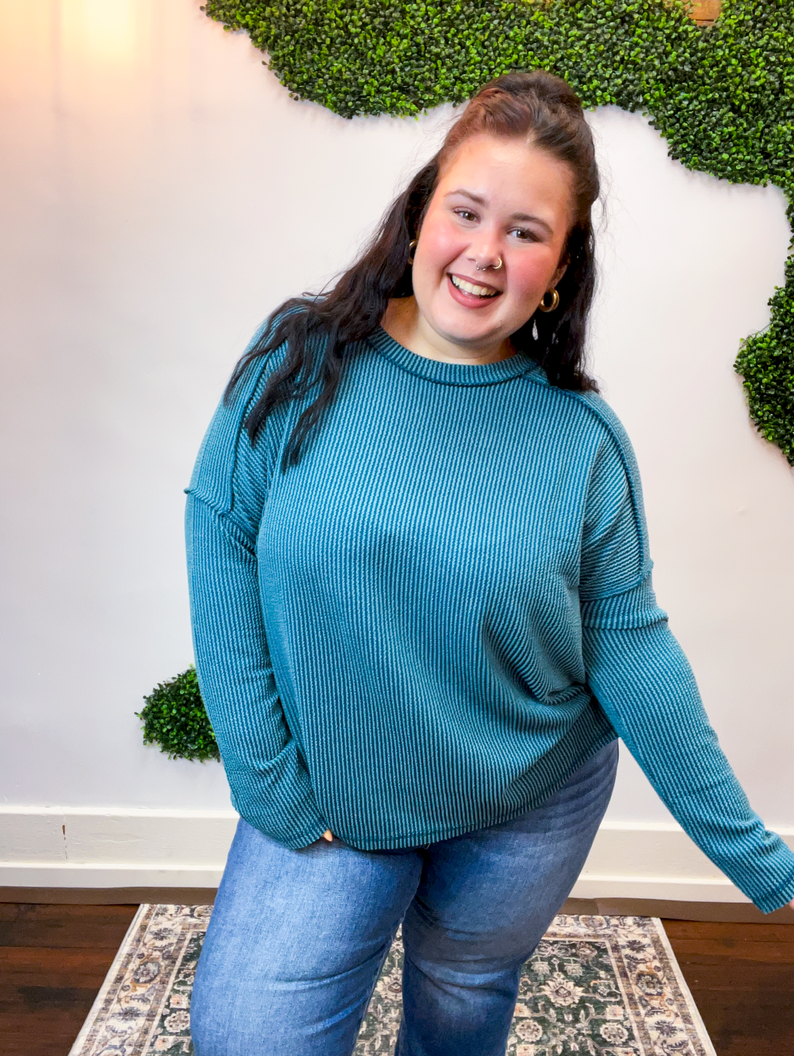 Second Take Raised Rib Long Sleeve Top in Teal