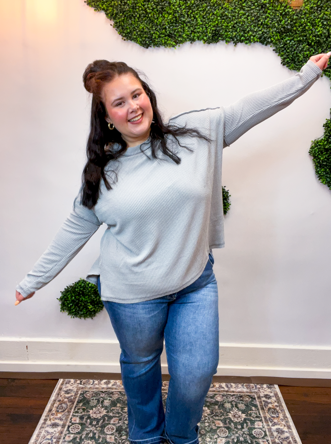 Second Take Raised Rib Long Sleeve Top in Sleet