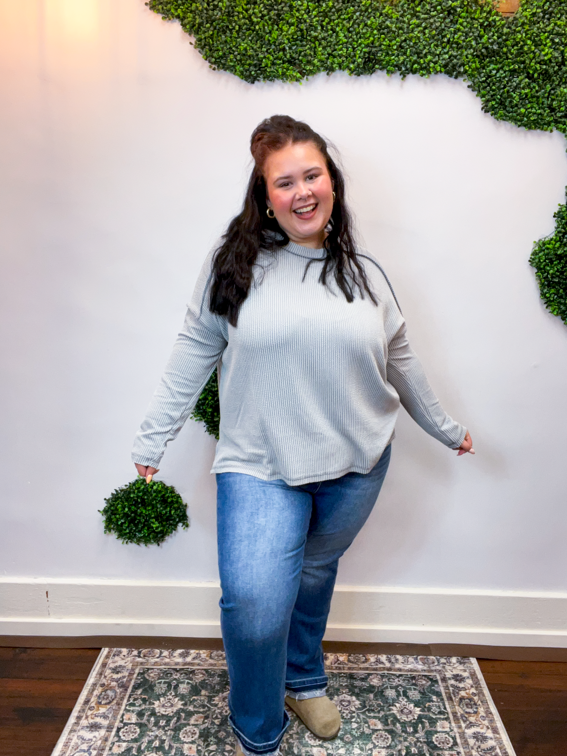 Second Take Raised Rib Long Sleeve Top in Sleet