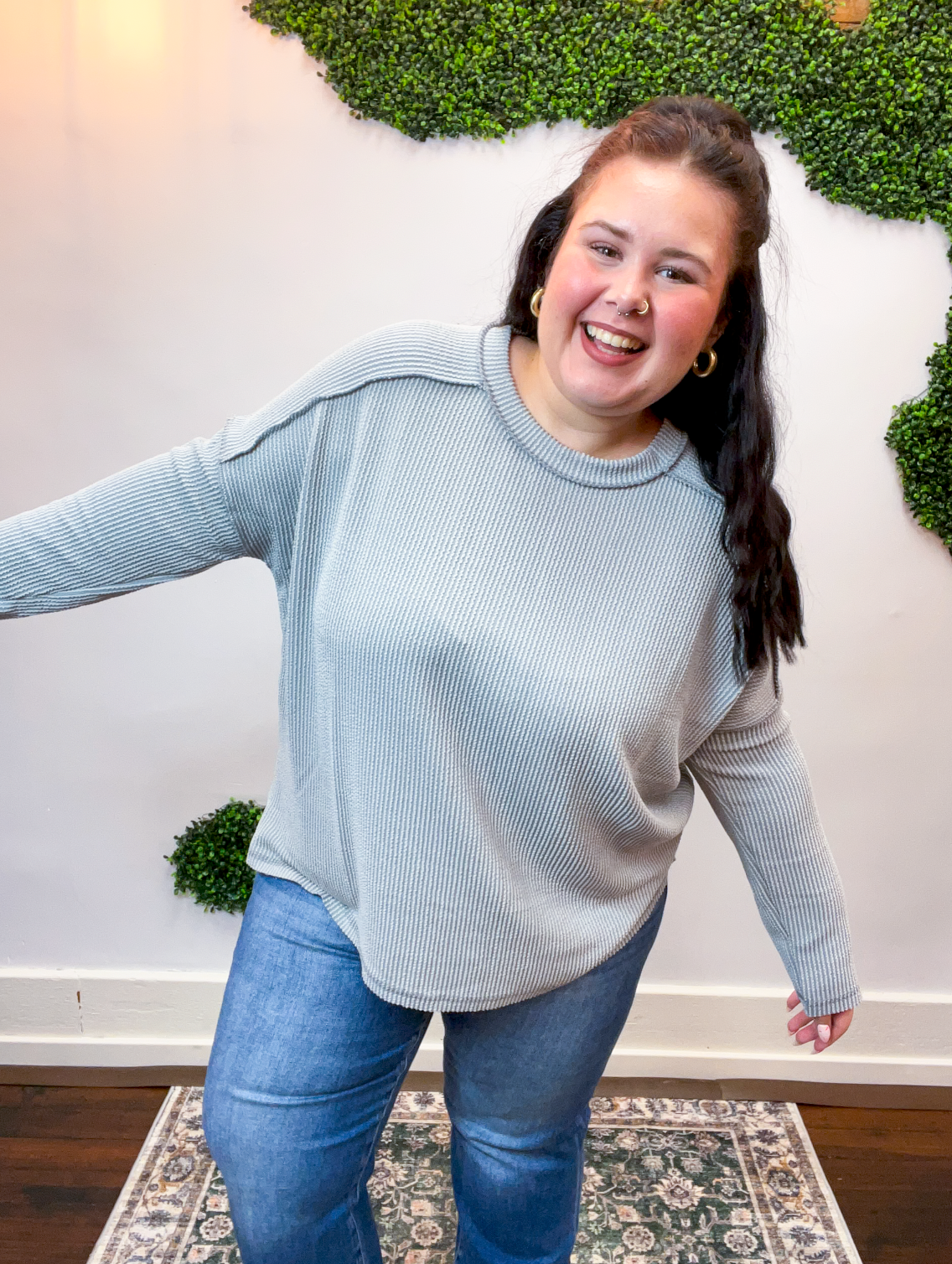 Second Take Raised Rib Long Sleeve Top in Sleet