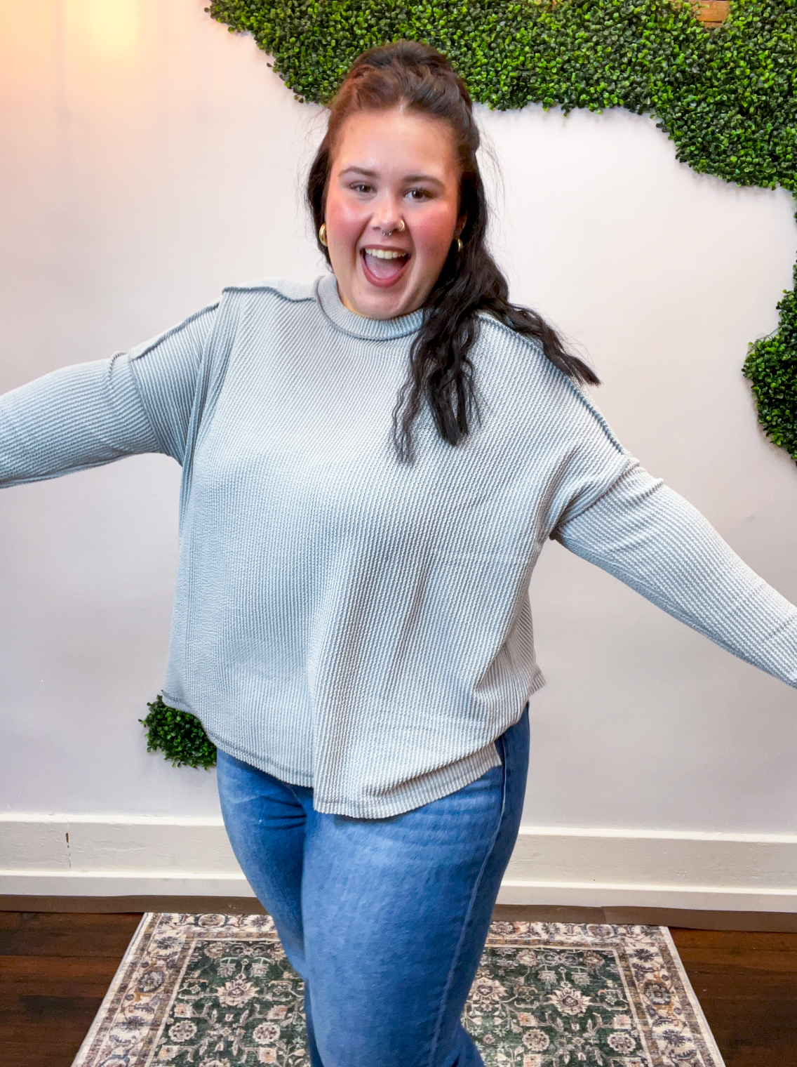 Second Take Raised Rib Long Sleeve Top in Sleet