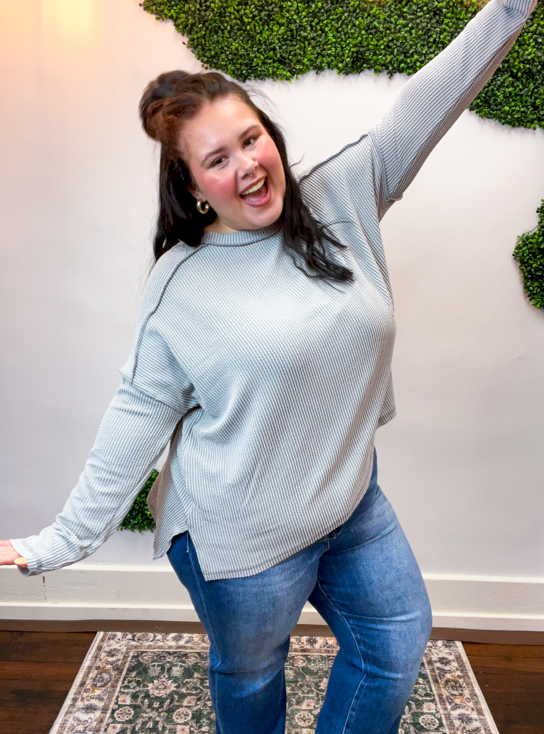 Second Take Raised Rib Long Sleeve Top in Sleet