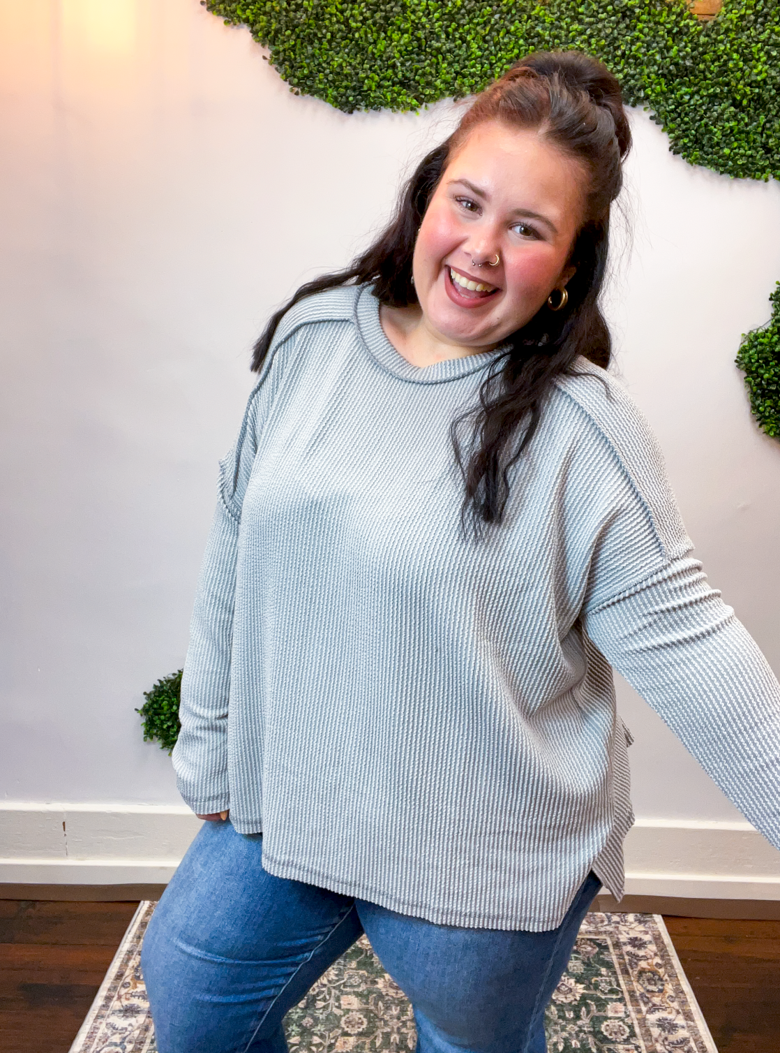 Second Take Raised Rib Long Sleeve Top in Sleet