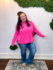 Second Take Raised Rib Long Sleeve Top in Hot Pink