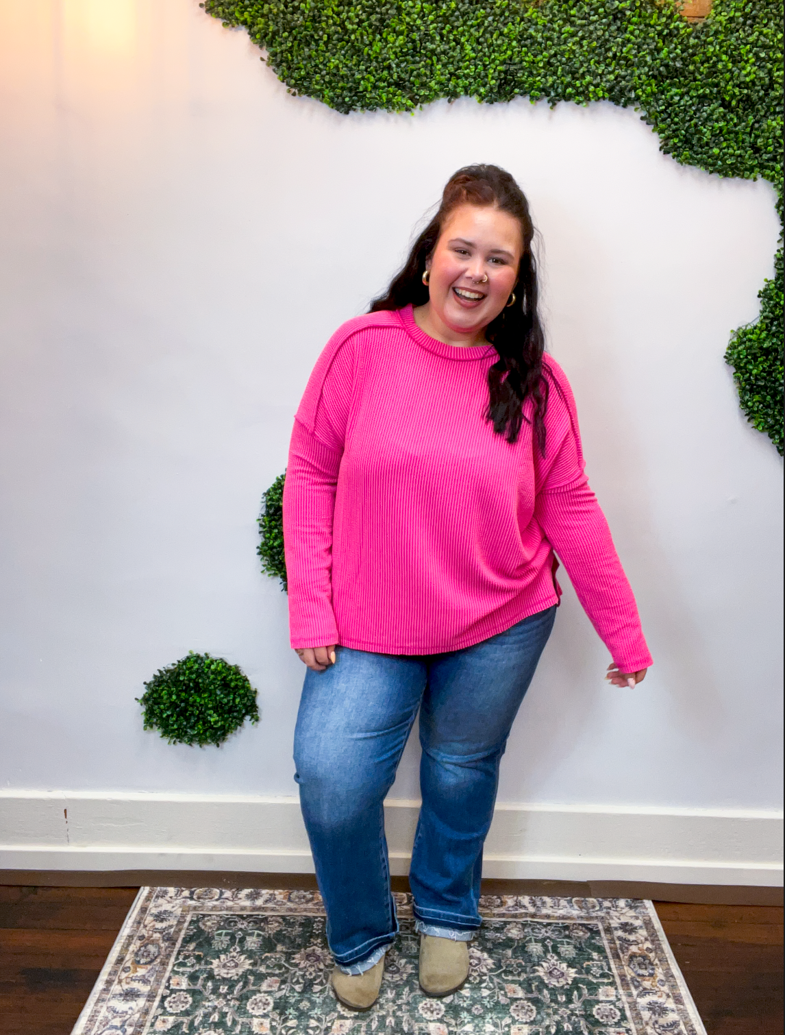Second Take Raised Rib Long Sleeve Top in Hot Pink
