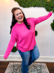Second Take Raised Rib Long Sleeve Top in Hot Pink