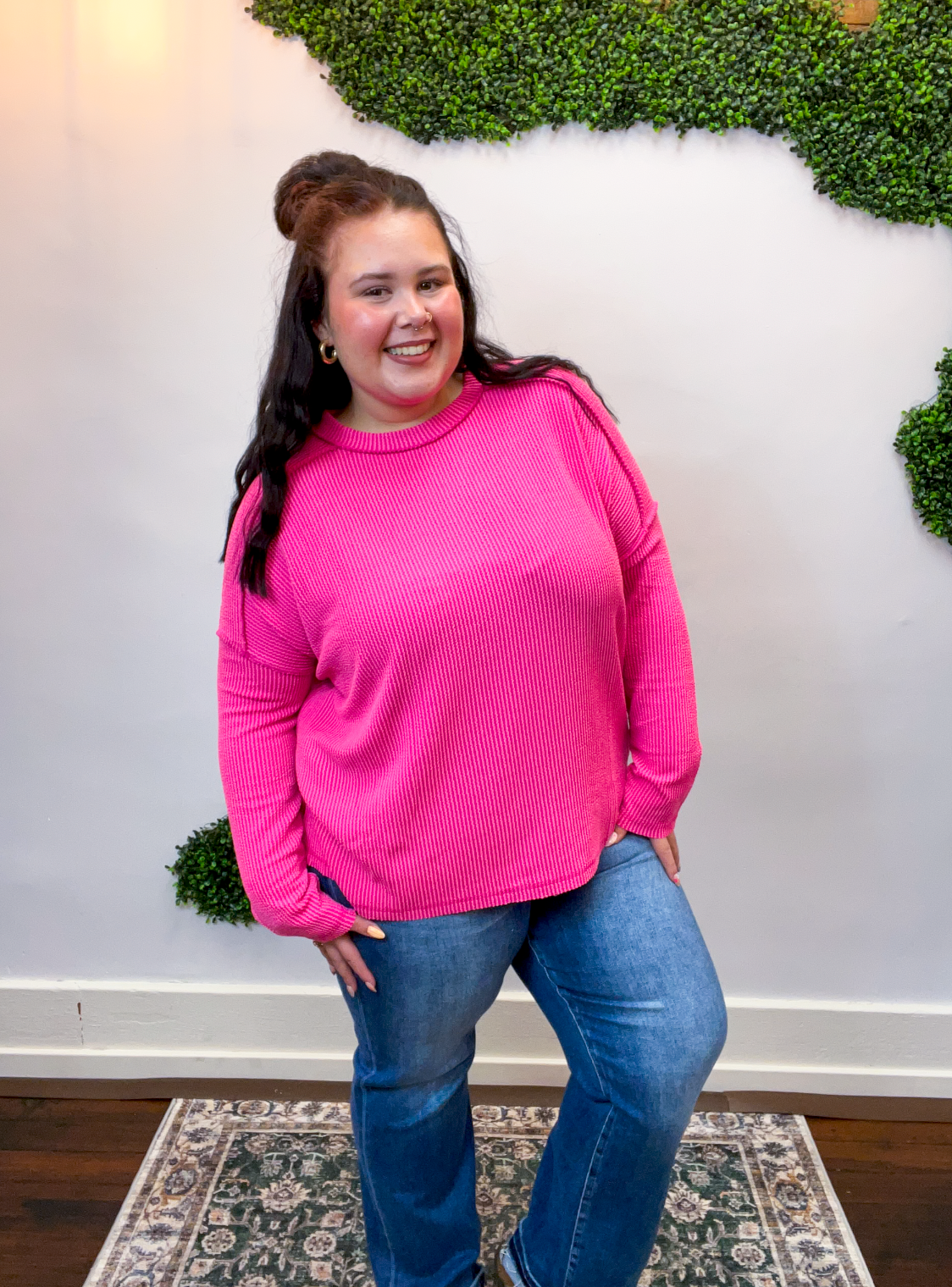 Second Take Raised Rib Long Sleeve Top in Hot Pink