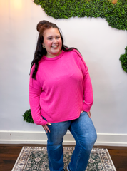 Second Take Raised Rib Long Sleeve Top in Hot Pink