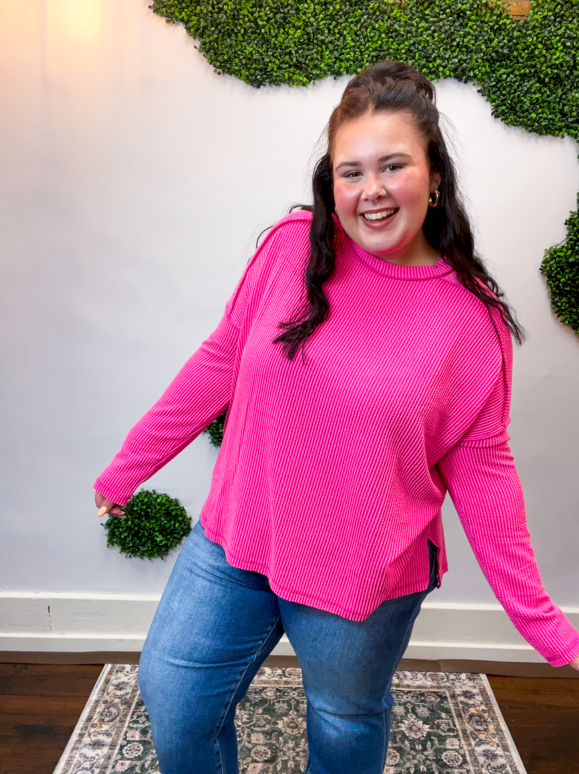 Second Take Raised Rib Long Sleeve Top in Hot Pink