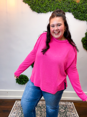 Second Take Raised Rib Long Sleeve Top in Hot Pink