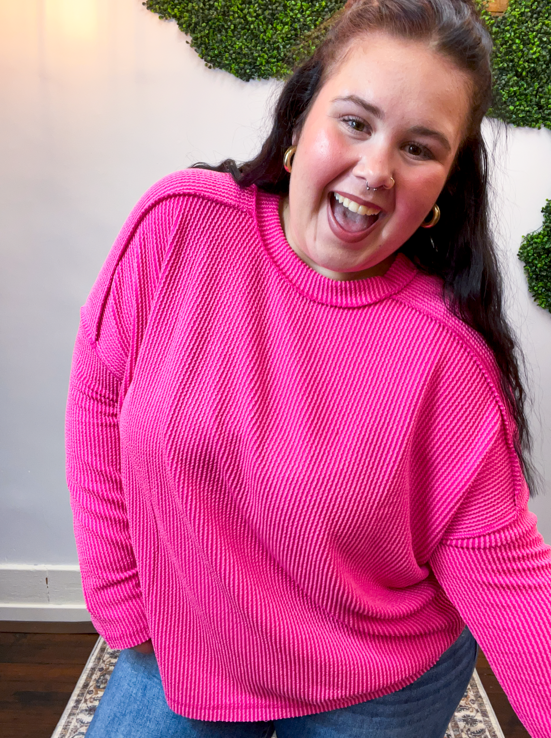Second Take Raised Rib Long Sleeve Top in Hot Pink