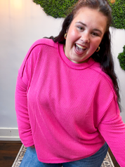 Second Take Raised Rib Long Sleeve Top in Hot Pink
